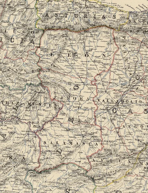 Detalle del Reino de León en el mapa "Spain & Portugal", realizado en 1864 por Keith Johnston