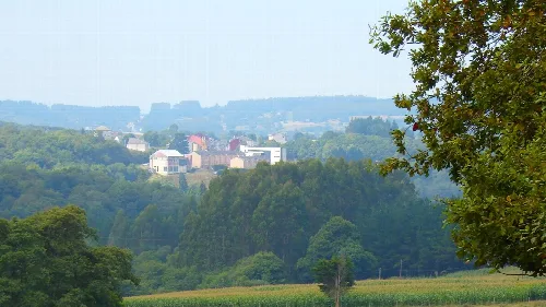 Landschaft mit Häusern auf dem Hügel und grünen Bäumen.