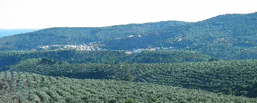 Panoramablick auf Wälder und Hügel in Fuencaliente von Peña Escrita.