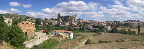 Rural landscape with houses and fields in Luesia, Zaragoza.