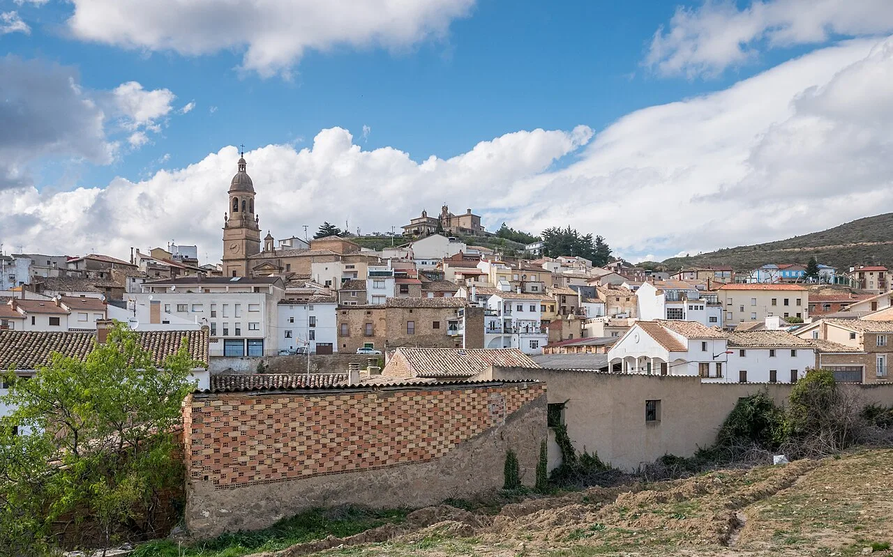 Panoramic view of Arróniz with white houses and a church with a bell tower.