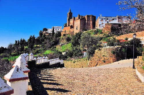 Scenic view of church on the hill at Zufre, Huelva, Spain.
