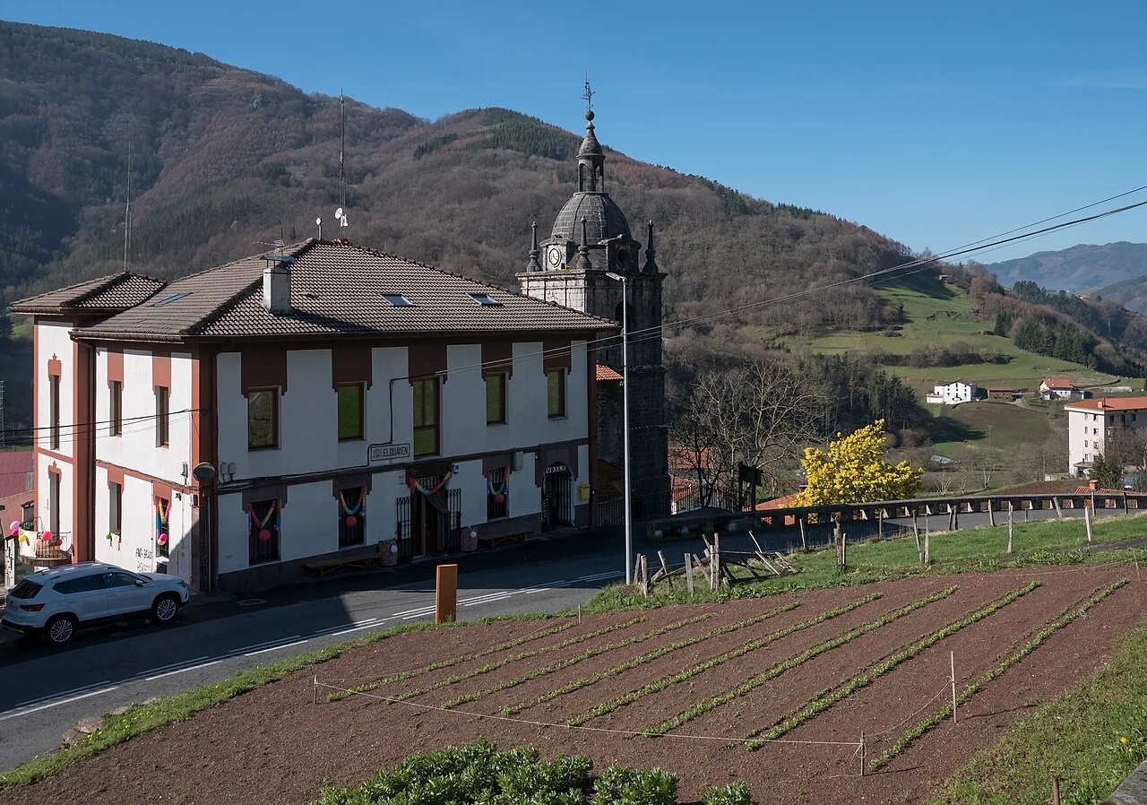 Town hall of Elduain, church tower. Gipuzkoa, Basque Country, Spain