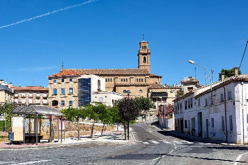 View of church and buildings in Murchante, Navarra.