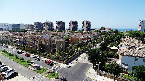 Buildings and green areas in Punta Umbría, Huelva.