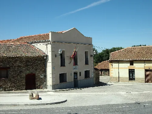 View of the Town Hall and the square called Plaza Mayor in Ortigosa de Pestaño, Segovia (Spain).
