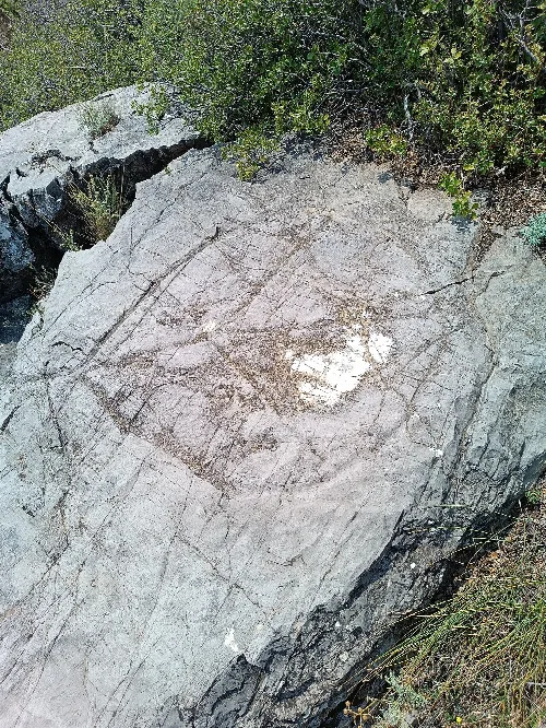 Felsen mit Gravuren eines Petroglyphs auf Cerro Garabaya, Teruel.