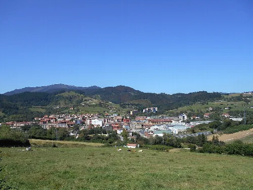 Paisaje de Zaldibar con montañas y campo en primer plano.