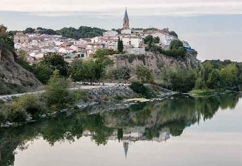 Río Aragón y pueblo de Milagro con iglesia en la colina.