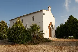 Kleine weiße Kapelle mit Holztür und umliegender Vegetation.