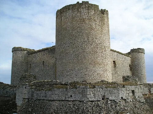 Ansicht des Pioz Schlosses mit Steinmauern und Turm.