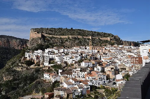 Panoramablick auf Chulilla mit weißen Häusern und einer Burg auf dem Hügel.