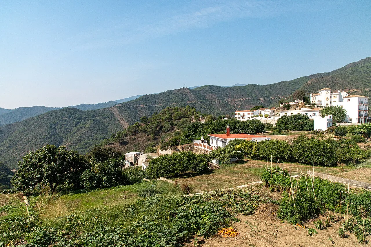 Rural streets with white houses and greenery in Istán, Málaga.