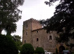 Steinerner Turm und Palast mit Turm in Salas, Asturien, umgeben von Bäumen.