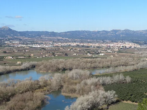 Vega de Mora de Ebro con río y campos agrícolas.