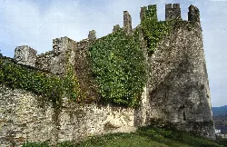 Castillo con torre de fortaleza en Sarria, Lugo, con muros cubiertos de vegetación.