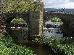 Stone bridge with two arches over the Arteixo river surrounded by greenery.