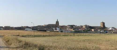 Panoramic landscape of Cisneros, Palencia, showing buildings and towers in the town.
