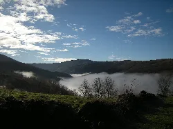 Täler mit Nebel und Bäume an einem sonnigen Tag in Orense