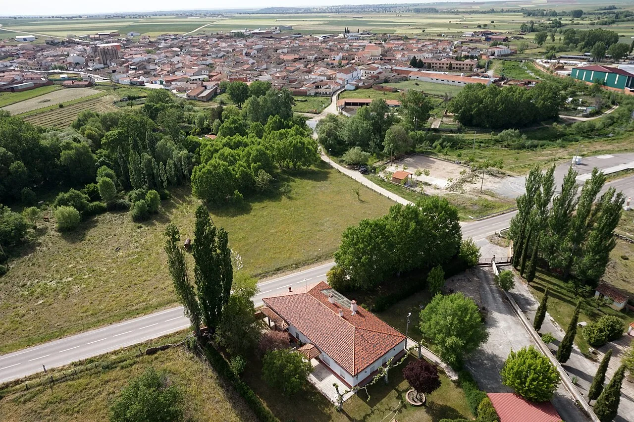 Vista aérea de casas, árboles y campos en Alaraz, Salamanca.