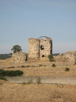 Ruinas de un castillo en un campo con pocos árboles y cielo despejado.