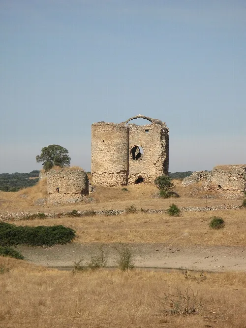 Ruins of a castle in a field with few trees and clear sky.