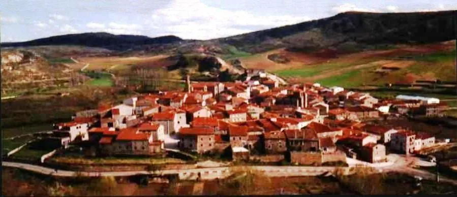 Aerial view of Luzón, Guadalajara, with houses and rural landscape.