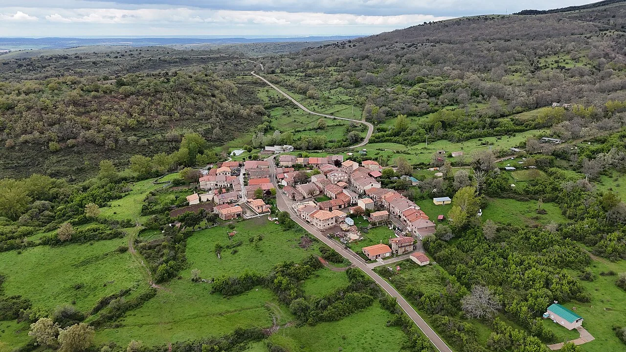 Aerial view of the village of Villoruebo, in the Spanish province of Burgos.