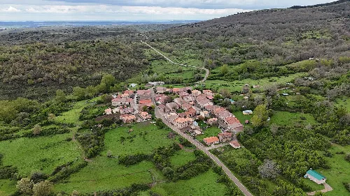 Aerial view of the village of Villoruebo, in the Spanish province of Burgos.