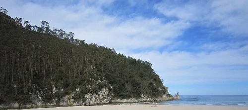 Vista de la playa de La Franca con acantilados y cielo nublado.