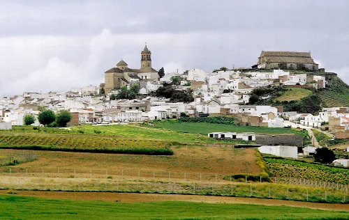 Panoramablick auf Montilla mit weißen Häusern und einer Kirche auf dem Hügel.