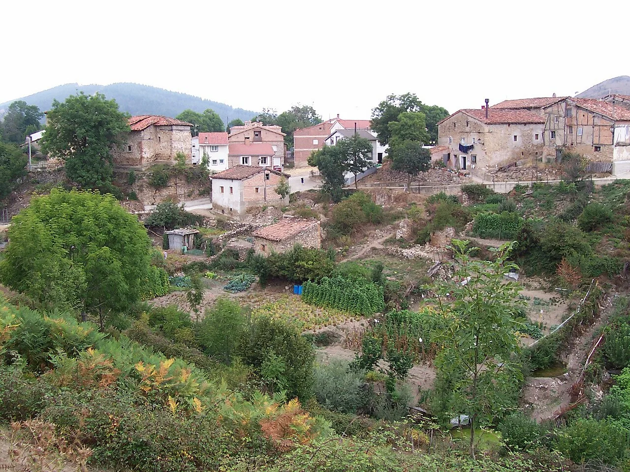 Häuser und Gärten an einem Hang in Pazuengos, La Rioja, Spanien.