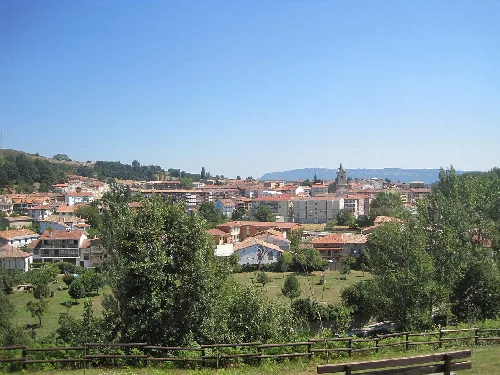 Panoramic view of a town with trees and buildings in Burgos.