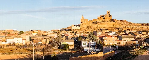 Village with castle on a hill and surrounding houses.