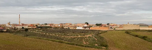 Rural landscape with houses and fields in Luceni, Zaragoza.
