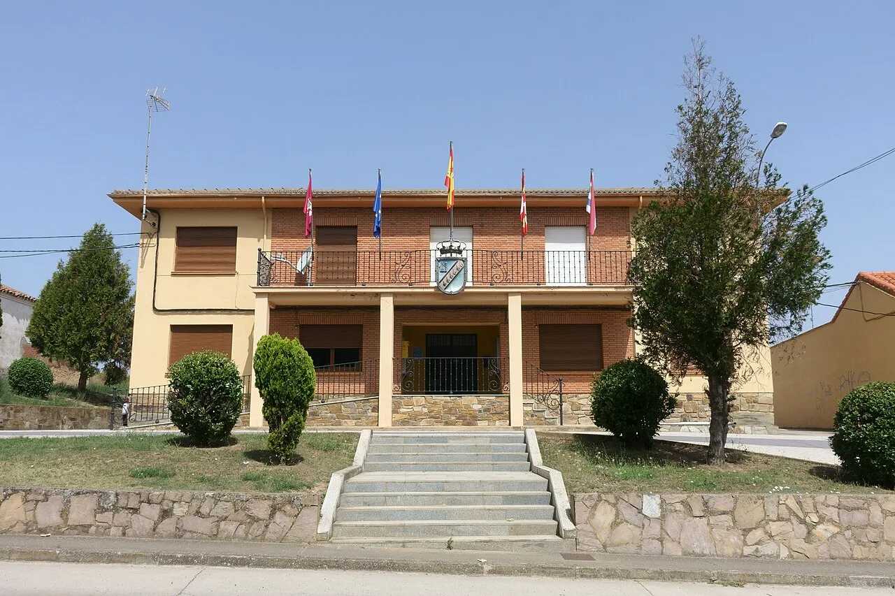 Town hall building with flags and stairs at the entrance.