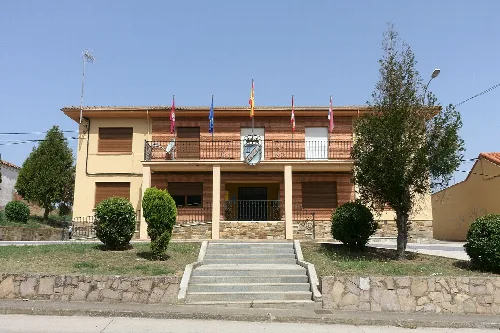 Town hall building with flags and stairs at the entrance.