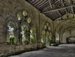 Interior de un claustro con ventanas góticas y vegetación visible a través de ellas.