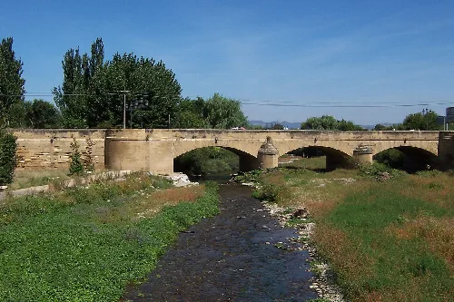Stone bridge over a river with vegetation on the sides in Casalarreina.