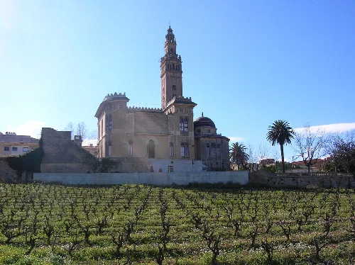 Giralda tower in L'Arboç, Tarragona, with vineyards in the foreground.