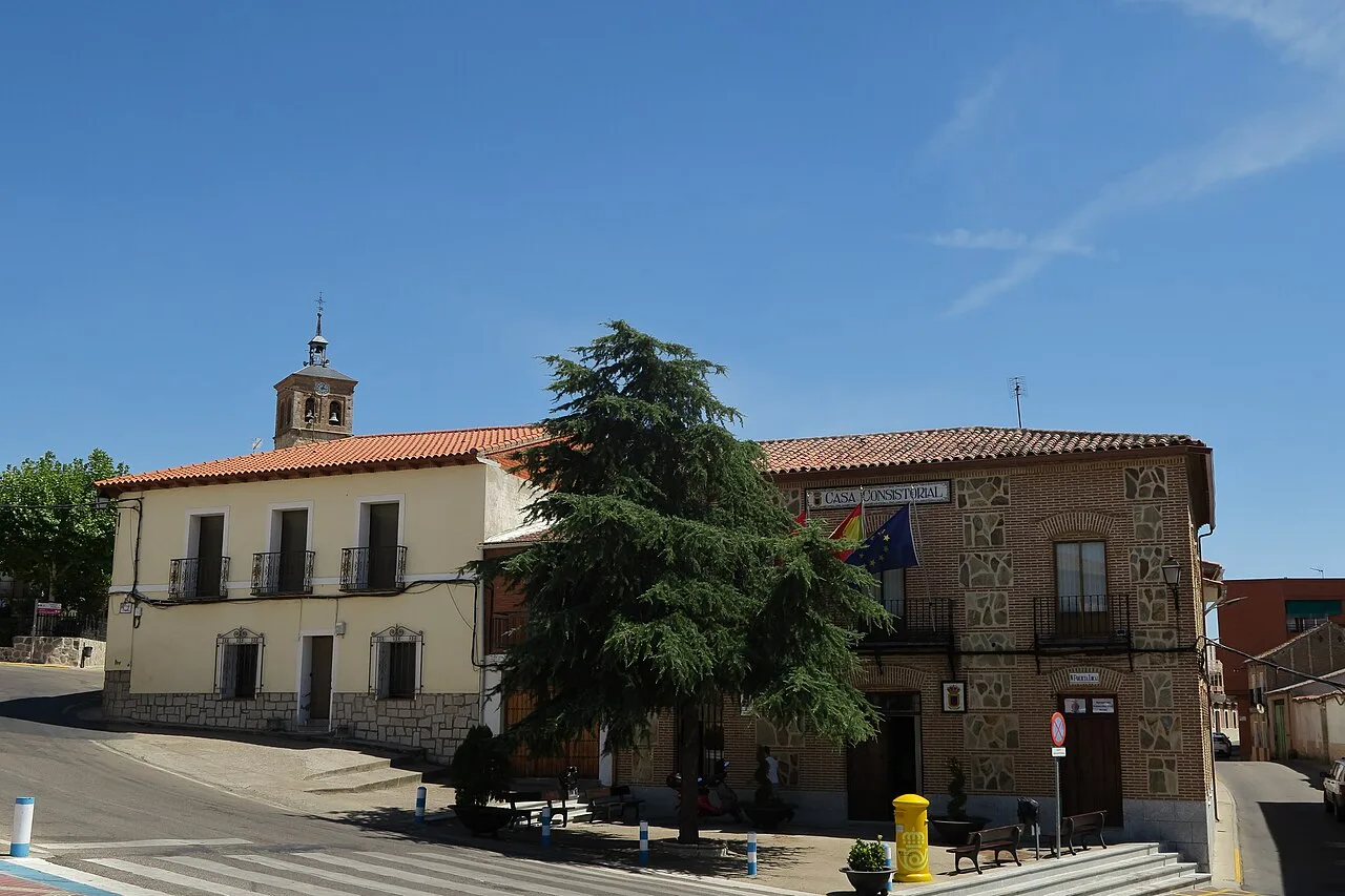 Rathaus in der Plaza España mit Baum und blauem Himmel.