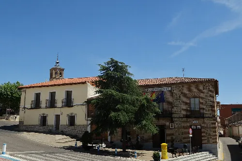 Edificio de la Casa Consistorial en la plaza España, con árbol y cielo azul.