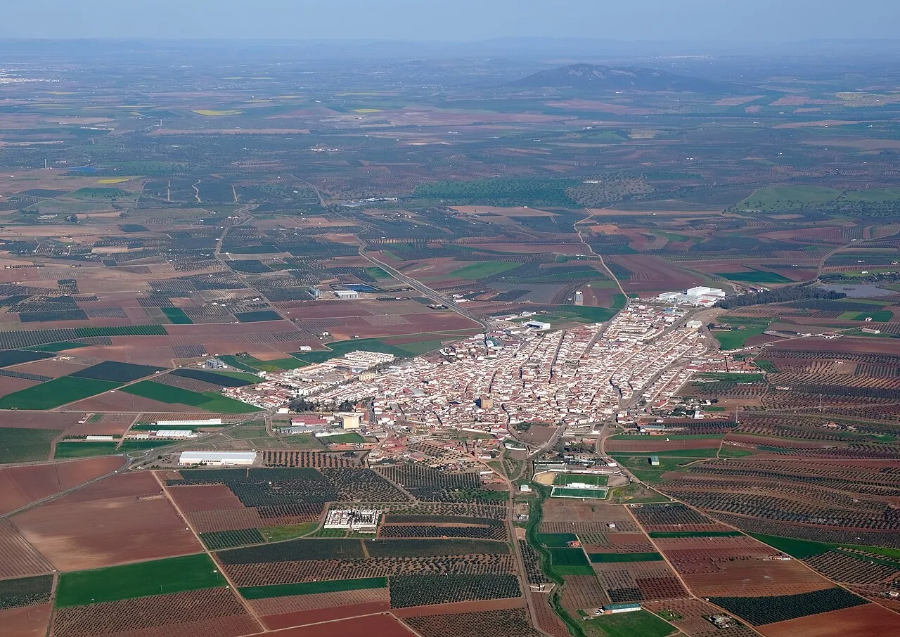 Aerial view of a town surrounded by farmland.