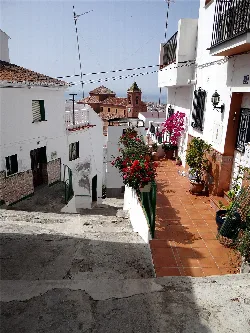 Calle estrecha con casas blancas y plantas en Torrox, Málaga.