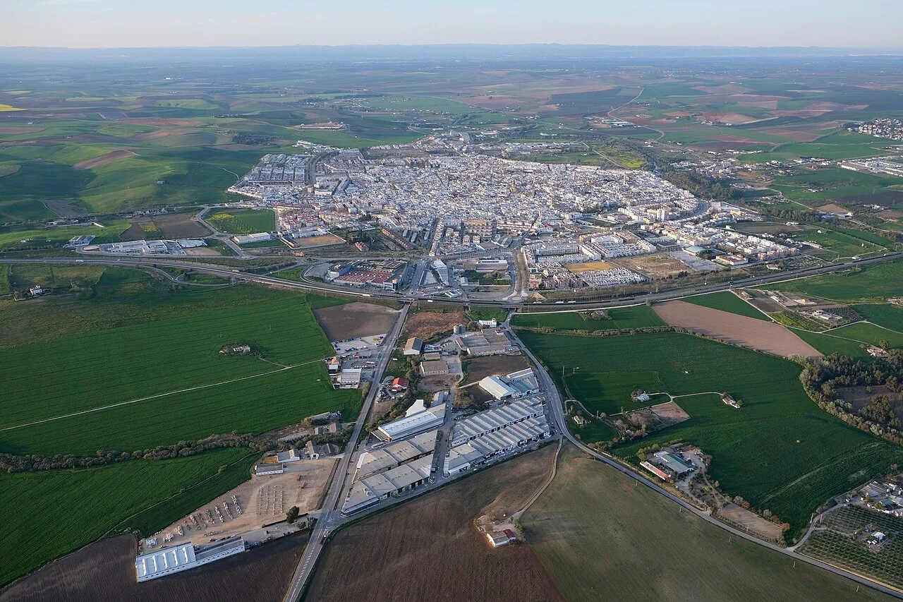 Aerial view of Écija with buildings and green fields.