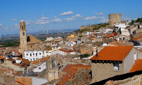 Panoramic view of Ablitas with church and walls in Navarra.