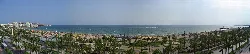 Panoramablick auf den Levante-Strand in Salou mit Palmen und Meer.