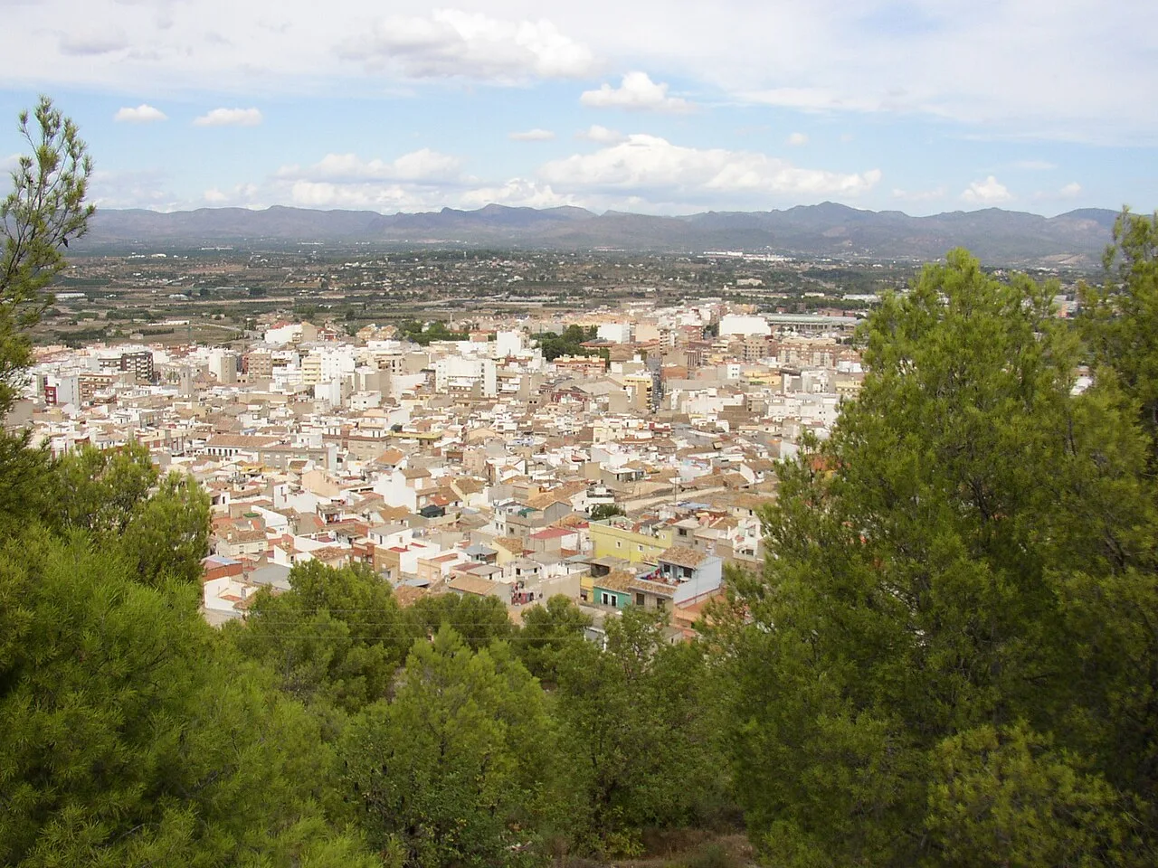 View of Liria with trees in the foreground and mountains in the background.