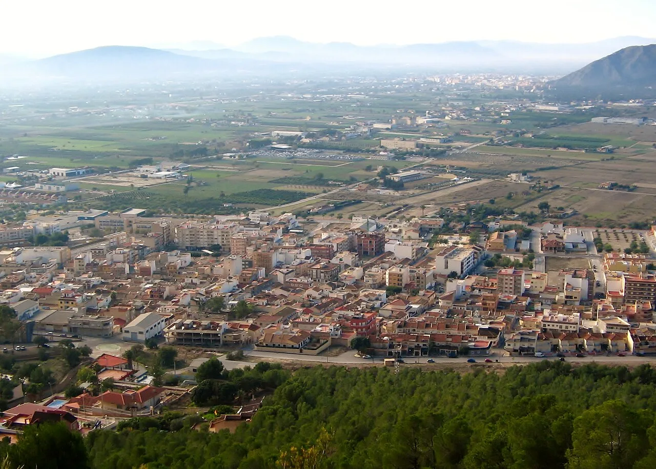 Vista panorámica de Redován desde la montaña, con casas y huertas.